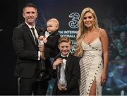 19 March 2017; Robbie Keane receives his Hall of Fame Award with wife Claudine and sons Hudson (left), and Robert Jnr,  during the Three FAI International Soccer Awards at RTE Studios in Donnybrook, Dublin. Photo by Brendan Moran/Sportsfile