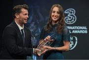 19 March 2017; Karen Duggan, UCD Waves, is presented with the Senior Women's International Player of the Year Award by Republic of Ireland Women's National Team manager Colin Bell during the Three FAI International Soccer Awards at RTE Studios in Donnybrook, Dublin. Photo by Brendan Moran/Sportsfile