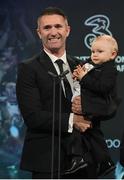 19 March 2017; Former Republic of Ireland captain and record goalscorer Robbie Keane, who was inducted into the Hall of Fame, with son Hudson during the Three FAI International Soccer Awards at RTE Studios in Donnybrook, Dublin. Photo by Brendan Moran/Sportsfile