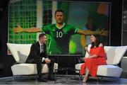 19 March 2017; Former Republic of Ireland captain and record goalscorer Robbie Keane, who was inducted into the Hall of Fame, is interviewed by Joanne Cantwell of RTE, during the Three FAI International Soccer Awards at RTE Studios in Donnybrook, Dublin. Photo by Brendan Moran/Sportsfile