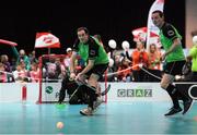 19 March 2017; Team Ireland's Raymond McClearn, left, a member of Loughrea Training Centre Special Olympics Club, from Loughrea, Co. Galway, shoots on goal during the Team Ireland 2 v Austria 2 Floorball Round Robin game at the 2017 Special Olympics World Winter Games in the Messe Graz Center, Graz, Austria. Photo by Ray McManus/Sportsfile