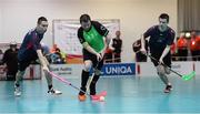 20 March 2017; Team Ireland's George Fitzgerald, a member of Waterford Special Olympics Club, from John’s Hill, County Waterford, in action against Austria's Patrik Houstecky, left, and Patrik Mares, during the Team Ireland v Czech Republic Floorball Round Robin game at the 2017 Special Olympics World Winter Games in the Messe Graz Center, Graz, Austria. Photo by Ray McManus/Sportsfile