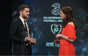 19 March 2017; Robbie Brady is interviewed by Joanne Cantwell of RTE after being presented with the Senior International Player of the Year during the Three FAI International Soccer Awards at RTE Studios in Donnybrook, Dublin. Photo by Brendan Moran/Sportsfile