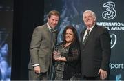 19 March 2017; Patricia MacAuley receives the U16 International Player of the Year award on behalf of her son Jordan Doherty of Sheffield United, from Gavin McAllister, left, PR & Sponsorship Manager of Three Ireland and FAI President Tony Fitzgerald during the Three FAI International Soccer Awards at RTE Studios in Donnybrook, Dublin. Photo by Brendan Moran/Sportsfile
