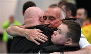 20 March 2017; Goalkeepers Team Ireland's Richard Moran, left, a member of COPE Foundation Cork Special Olympics Club, from Crosshaven, Co. Cork, and Team Ireland's Lorcan Byrne, a member of Stewartscare Special Olympics Club, from Ballyfermot, Dublin, are comforted by coach Michael Lynch after a 4 - 3 defeat for Team Ireland T2 v Germany  - Floorball Round Robin game at the 2017 Special Olympics World Winter Games in the Messe Graz Center, Graz, Austria. Photo by Ray McManus/Sportsfile