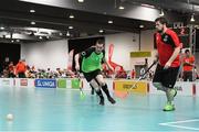 20 March 2017; Team Ireland's John Paul Shaw, a member of Shoot’n’Stars Special Olympics Club, from Longford Town, Co. Longford, in action against Christian Michelsen, Germany, during the Team Ireland T2 v Germany - Floorball Round Robin game at the 2017 Special Olympics World Winter Games in the Messe Graz Center, Graz, Austria. Photo by Ray McManus/Sportsfile