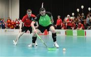 20 March 2017; Team Ireland's Lorcan Byrne, a member of Stewartscare Special Olympics Club, from Ballyfermot, Dublin, in action against Andreas Winter, Germany, during the Team Ireland T2 v Germany - Floorball Round Robin game at the 2017 Special Olympics World Winter Games in the Messe Graz Center, Graz, Austria. Photo by Ray McManus/Sportsfile