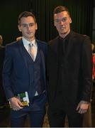19 March 2017; FAI School's International Player of the Year Conor McCarthy of Cork City, left, with FAI Colleges/Universities International Player of the Year nominee Matthew Connor of Waterford FC in attendance at the Three FAI International Soccer Awards at RTE Studios in Donnybrook, Dublin. Photo by Brendan Moran/Sportsfile