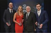 19 March 2017; Intermediate Player of the Year Mark Horgan of Avondale United, Under 17 Women's International Player of the Year Saoirse Noonan of Cork City WFC, FAI President Tony Fitzgerald and FAI School's International Player of the Year Conor McCarthy of Scoil Mhuire ages Smal, Blarney, Co Cork, in attendance at the Three FAI International Soccer Awards at RTE Studios in Donnybrook, Dublin. Photo by Brendan Moran/Sportsfile