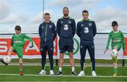 21 March 2017; Republic of Ireland Internationals, from left, Jonathan Hayes, David Meyler and Seamus Coleman, with Spar Ambassadors Seosamh Ó Conghaile, left, and Ryan Mac Róibín in attendance during the SPAR FAI Retailers Masterclass at FAI pitches, National Sports Campus, in Abbotstown, Dublin 15. SPAR provided more than 70 local retailers’ children with the opportunity to train with Republic of Ireland players, at the teams training camp in the National Sports Campus in advance of the Republic of Ireland vs Wales on Friday. SPAR is the Official Convenience Retail Partner of the FAI and sponsors of the SPAR FAI Primary School 5s Programme, the largest primary school’s competition in the country with 28,256 participants. Photo by Sam Barnes/Sportsfile