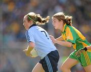 28 August 2011; Kayleigh Magee, Tattygar P.S., Lisbellew, Co. Fermanagh, playing for Dublin, in action against Dara Morahan, St. Patrick's Drumshanbo, Co. Leitrim, playing for Donegal. Go Games Exhibition - Sunday 21st August 2011, Croke Park, Dublin. Picture credit: Ray McManus / SPORTSFILE