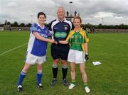 27 August 2011; Referee Sean McIntyre with captains Aisling Doonan, Cavan, left, and Sinead Fowley, Leitrim. TG4 All-Ireland Ladies Intermediate Football Championship Semi-Final, Cavan v Leitrim, Leahy Park, Cashel, Co. Tipperary. Picture credit: Brian Lawless / SPORTSFILE