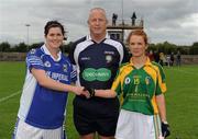 27 August 2011; Referee Sean McIntyre with captains Aisling Doonan, Cavan, left, and Sinead Fowley, Leitrim. TG4 All-Ireland Ladies Intermediate Football Championship Semi-Final, Cavan v Leitrim, Leahy Park, Cashel, Co. Tipperary. Picture credit: Brian Lawless / SPORTSFILE