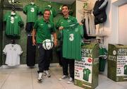 30 August 2011; Republic of Ireland players, Liam Lawrence, left, and Stephen Kelly pictured trading in their old Ireland jersey to the Three Trade in Scheme in Champion, Jervis Street. Three is asking Irish fans to Go Green With Pride and trade in their old Republic of Ireland football jerseys in any Champion store nationwide and get €20 off the new home jersey. The traded in jerseys will be donated to Friends In Ireland, a charity founded by Marian Finucane. The scheme will run until September 30th. Champion Sports, Jervis Centre, Dublin. Picture credit: Brian Lawless / SPORTSFILE
