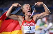 30 August 2011; Jennifer Oeser, Germany, celebrates her third place finish in the Women's Heptathlon event. IAAF World Championships - Day 4, Daegu Stadium, Daegu, Korea. Picture credit: Stephen McCarthy / SPORTSFILE