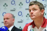 30 August 2011; Ireland's Brian O'Driscoll and Head Coach Declan Kidney, left, during a press conference ahead of the squad's departure to New Zealand for the 2011 Rugby World Cup. Ireland Rugby Squad Press Conference, Radisson Airport Hotel, Dublin Airport, Dublin. Picture credit: Pat Murphy / SPORTSFILE