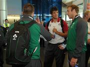 30 August 2011; Ireland's Donncha O'Callaghan, centre, with Sean O'Brien, left, and Stephen Ferris, right, at Dublin Airport prior to departure for New Zealand for the 2011 Rugby World Cup. Ireland Rugby Squad Departure, Dublin Airport, Dublin. Picture credit: Pat Murphy / SPORTSFILE