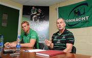 30 August 2011; Connacht head coach Eric Elwood, right, and Gavin Duffy, during a press conference to announce Duffy as their new captain. Connacht Rugby Press Conference, The Sportsground, College Road, Galway. Picture credit: Diarmuid Greene / SPORTSFILE