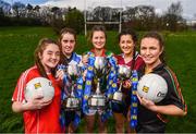 21 March 2017; In attendance at the Lidl All Ireland Post Primary School's Finals media day are, from left, Holy Faith Clontarf vice-captain Sarah Fagan, St Ciaran's Ballygawley captain Chloe McCaffrey, Loreto Clonmel captain Aisling Deely, Presentation Thurles captain Roisín Daly, and John the Baptist Limerick player Emer McCarthy. The Lidl All Ireland Post Primary School’s Finals take place this Sunday. The Lidl Senior A Final takes place in Cusack Park on at 1:00pm when John the Baptist from Limerick face St. Ciarans Ballygawley. The Lidl Senior B and C Finals will take place in O’Moore Park with Loreto Clonmel meeting St. Joseph’s Rochford Bridge at 12:15pm followed by the Senior C Final between Presentation Thurles and Holy Faith Clontarf at 2:15pm. Photo by Stephen McCarthy/Sportsfile
