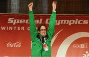 21 March 2017; Team Ireland's Lorraine Whelan, a member of Kilternan Karvers Special Olympics Club, from Delgany, Co. Wicklow, before being presented with a Silver medal after competing in the Alpine Giant Slalom event at the 2017 Special Olympics World Winter Games at Schladming-Rohrmoos, Stadthalle Graz, in Graz, Austria. Photo by Ray McManus/Sportsfile