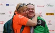 21 March 2017; Team Ireland's Cyril Walker, a member of Skiability Special Olympics Club, from Markethill, Co. Armagh, is congratulated by Jill Sloan, Head Coach, being presented with a Bronze medal after competing in the Alpine Giant Slalom event at the 2017 Special Olympics World Winter Games at Schladming-Rohrmoos, Stadthalle Graz, in Graz, Austria. Photo by Ray McManus/Sportsfile