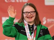 21 March 2017; Team Ireland's Laoise Kenny, a member of Kilternan Karvers Special Olympics Club, from Monkstown, Co. Dublin, after being presented with a 4th place ribbon after competing in the Alpine Giant Slalom event at the 2017 Special Olympics World Winter Games at Schladming-Rohrmoos, Stadthalle Graz, in Graz, Austria. Photo by Ray McManus/Sportsfile