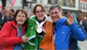 21 March 2017; Team Ireland's Lorraine Whelan, a member of Kilternan Karvers Special Olympics Club, from Delgany, Co. Wicklow, with her mum Marie and dad Brendan, after being presented with a Silver medal after competing in the Alpine Giant Slalom event at the 2017 Special Olympics World Winter Games at Schladming-Rohrmoos, Stadthalle Graz, in Graz, Austria. Photo by Ray McManus/Sportsfile