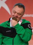 21 March 2017; Team Ireland's Cyril Walker, a member of Skiability Special Olympics Club, from Markethill, Co. Armagh, after being presented with a Bronze medal after competing in the Alpine Giant Slalom event at the 2017 Special Olympics World Winter Games at Schladming-Rohrmoos, Stadthalle Graz, in Graz, Austria. Photo by Ray McManus/Sportsfile