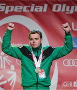 21 March 2017; Team Ireland's Sean McCartan, a member of Skiability Special Olympics Club, from Carryduff, Co. Antrim, after being presented with a Bronze medal after competing in the Alpine Giant Slalom event at the 2017 Special Olympics World Winter Games at Schladming-Rohrmoos, Stadthalle Graz, in Graz, Austria. Photo by Ray McManus/Sportsfile