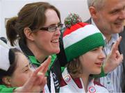 21 March 2017; Team Ireland's Lorraine Whelan, centre, a member of Kilternan Karvers Special Olympics Club, from Delgany, Co. Wicklow, before being presented with a Silver medal after competing in the Alpine Giant Slalom event at the 2017 Special Olympics World Winter Games at Schladming-Rohrmoos, Stadthalle Graz, in Graz, Austria. Photo by Ray McManus/Sportsfile