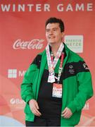21 March 2017; Team Ireland's Niall Flynn, a member of Kilternan Karvers Special Olympics Club, from Glenageary, Co. Dublin, who was presented with a participitation medal after competing in the Alpine Giant Slalom event at the 2017 Special Olympics World Winter Games at Schladming-Rohrmoos, Stadthalle Graz, in Graz, Austria. Photo by Ray McManus/Sportsfile