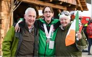 21 March 2017; Team Ireland's Lorraine Whelan, a member of Kilternan Karvers Special Olympics Club, from Delgany, Co. Wicklow, with Kathleen and Eddie Sykes, Ski Club of Ireland, after being presented with a Silver medal after competing in the Alpine Giant Slalom event at the 2017 Special Olympics World Winter Games at Schladming-Rohrmoos, Stadthalle Graz, in Graz, Austria. Photo by Ray McManus/Sportsfile