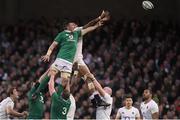18 March 2017; Courtney Lawes of England wins a lineout from Peter O'Mahony of Ireland during the RBS Six Nations Rugby Championship match between Ireland and England at the Aviva Stadium in Lansdowne Road, Dublin. Photo by Brendan Moran/Sportsfile