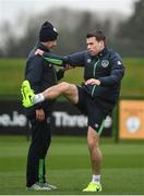 22 March 2017; Seamus Coleman of Republic of Ireland with trainer Dan Horan during squad training at the FAI National Training Centre in Abbotstown, Co. Dublin. Photo by David Maher/Sportsfile