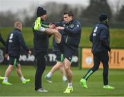 22 March 2017; Seamus Coleman of Republic of Ireland with trainer Dan Horan during squad training at the FAI National Training Centre in Abbotstown, Co Dublin. Photo by David Maher/Sportsfile