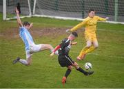 22 March 2017; Gordon Walker of St. Francis College shoots to score his side's winning goal during the Bank of Ireland FAI Schools Dr. Tony O’Neill Senior Cup National Final match between Rice College, Westport, and St. Francis College, Rochestown, at Home Farm FC in Whitehall, Dublin. Photo by Stephen McCarthy/Sportsfile