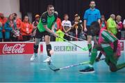 22 March 2017; Team Ireland's Lorcan Byrne, a member of Stewartscare Special Olympics Club, from Ballyfermot, Dublin, fires in a shot against Cote d'Ivoire during a quarter final in the Floorball Competition at the Floorball quarter final game Ireland '2' v Cote d'Ivoire at the 2017 Special Olympics World Winter Games in the Messe Graz Center, Graz, Austria. Photo by Ray McManus/Sportsfile