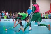 22 March 2017; Team Ireland's Lorcan Byrne, a member of Stewartscare Special Olympics Club, from Ballyfermot, Dublin, in action against Cote d'Ivoire during a quarter final in the Floorball Competition at the Floorball quarter final game Ireland '2' v Cote d'Ivoire at the 2017 Special Olympics World Winter Games in the Messe Graz Center, Graz, Austria. Photo by Ray McManus/Sportsfile
