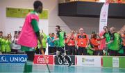 22 March 2017; Team Ireland's John Paul Shaw, 8, a member of Shoot’n’Stars Special Olympics Club, from Longford Town, Co. Longford, celebrates scoring Team ireland's first goal against Cote d'Ivoire during a quarter final in the Floorball Competition at the Floorball quarter final game Ireland '2' v Cote d'Ivoire at the 2017 Special Olympics World Winter Games in the Messe Graz Center, Graz, Austria. Photo by Ray McManus/Sportsfile