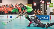 22 March 2017; Team Ireland's John Paul Shaw, a member of Shoot’n’Stars Special Olympics Club, from Longford Town, Co. Longford in action against goalkeeper Moussa Dosso of Cote d'Ivoire during a quarter final in the Floorball Competition at the Floorball quarter final game Ireland '2' v Cote d'Ivoire at the 2017 Special Olympics World Winter Games in the Messe Graz Center, Graz, Austria. Photo by Ray McManus/Sportsfile