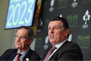 22 March 2017; Chief Executive of the IRFU Philip Browne, right, and Ireland 2023 Oversight Board member Dick Spring in attendance at an Ireland 2023 Rugby World Cup Media Conference at the Merrion Hotel in Dublin following a two day visit by the World Rugby Technical Review Group visit as part of Ireland's bid to host the 2023 Rugby World Cup. Photo by Brendan Moran/Sportsfile