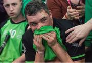 22 March 2017; Team Ireland's Lorcan Byrne, a member of Stewartscare Special Olympics Club, from Ballyfermot, Dublin, who scored a brilliant goal during the game, is comforted by supporters after Team Ireland were beated 3 - 2 against Cote d'Ivoire during a quarter final in the Floorball Competition at the Floorball quarter final game Ireland '2' v Cote d'Ivoire at the 2017 Special Olympics World Winter Games in the Messe Graz Center, Graz, Austria. Photo by Ray McManus/Sportsfile