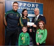 17 March 2017; Lúthchleas Gael Aogán Ó Fearghail presents Stephani Bonar, Elsle Friel, Canic Friel and Raymond Mc Namee from Naomh Mhuire Convoy, Donegal, who won &quot;Highest Sellers in Ulster and nationally&quot; during the presentation of prizes to the winners of the GAA National Club Draw at Croke Park in Dublin. Uachtarán Chumann Lúthchleas Gael Aogán Ó Fearghail Photo by Ray McManus/Sportsfile