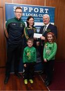 17 March 2017; Lúthchleas Gael Aogán Ó Fearghail presents Stephani Bonar, Elsle Friel, Canic Friel and Raymond McNamee from Naomh Mhuire Convoy, Donegal, who won &quot;Club who sold the most tickets&quot; during the resentation of prizes to the winners of the GAA National Club Draw at Croke Park in Dublin. Uachtarán Chumann Lúthchleas Gael Aogán Ó Fearghail Photo by Ray McManus/Sportsfile