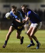 22 March 2017; Glenn O'Reilly of Dublin in action against Dessie Reynolds of Longford during the EirGrid Leinster GAA Football U21 Championship Semi-Final match between Longford and Dublin at Lakepoint Park in Mullingar, Co Westmeath. Photo by David Maher/Sportsfile