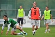 31 August 2011; Republic of Ireland's Robbie Keane, with team-mate Stephen Kelly, reacts after his shot went wide during squad training ahead of their EURO 2012 Championship Qualifier against Slovakia on Friday. Republic of Ireland Squad Training, Gannon Park, Malahide. Picture credit: David Maher / SPORTSFILE