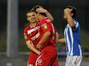 31 August 2011; Gavin Peers, Sligo Rovers, right, celebrates with Danny Ventre after scoring his side's first goal. FAI Ford Cup 4th Round Replay, Monaghan United  v Sligo Rovers, Gortakeegan, Co. Monaghan. Picture credit: Oliver McVeigh / SPORTSFILE
