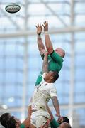 27 August 2011; Paul O'Connell, Ireland, wins possession for his side in a lineout ahead of Courtney Lawes, England. Rugby World Cup Warm-up Game, Ireland v England, Aviva Stadium, Lansdowne Road, Dublin. Picture credit: Brendan Moran / SPORTSFILE