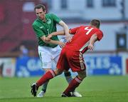 1 September 2011; Aidan White, Republic of Ireland, in action against Zsolt Szokol, Hungary. UEFA Under 21 European Championship 2013 Qualification, Republic of Ireland v Hungary, The Showgrounds, Sligo. Picture credit: Barry Cregg / SPORTSFILE