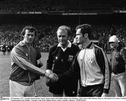 25 September 1977; Armagh captain Jimmy Smyth shakes hands with Dublin captain Tony Hanahoe, while referee John Moloney looks on. All-Ireland GAA Senior Football Championship Final, Dublin v Armagh, Croke Park, Dublin. Picture credit: Connolly Collection/SPORTSFILE